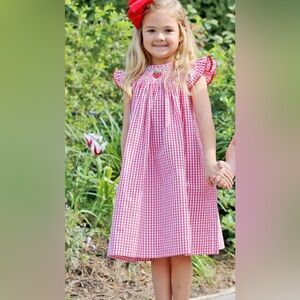 Classic Whimsy Strawberry Smocked Red Check Gingham Kids Dress 100% Cotton